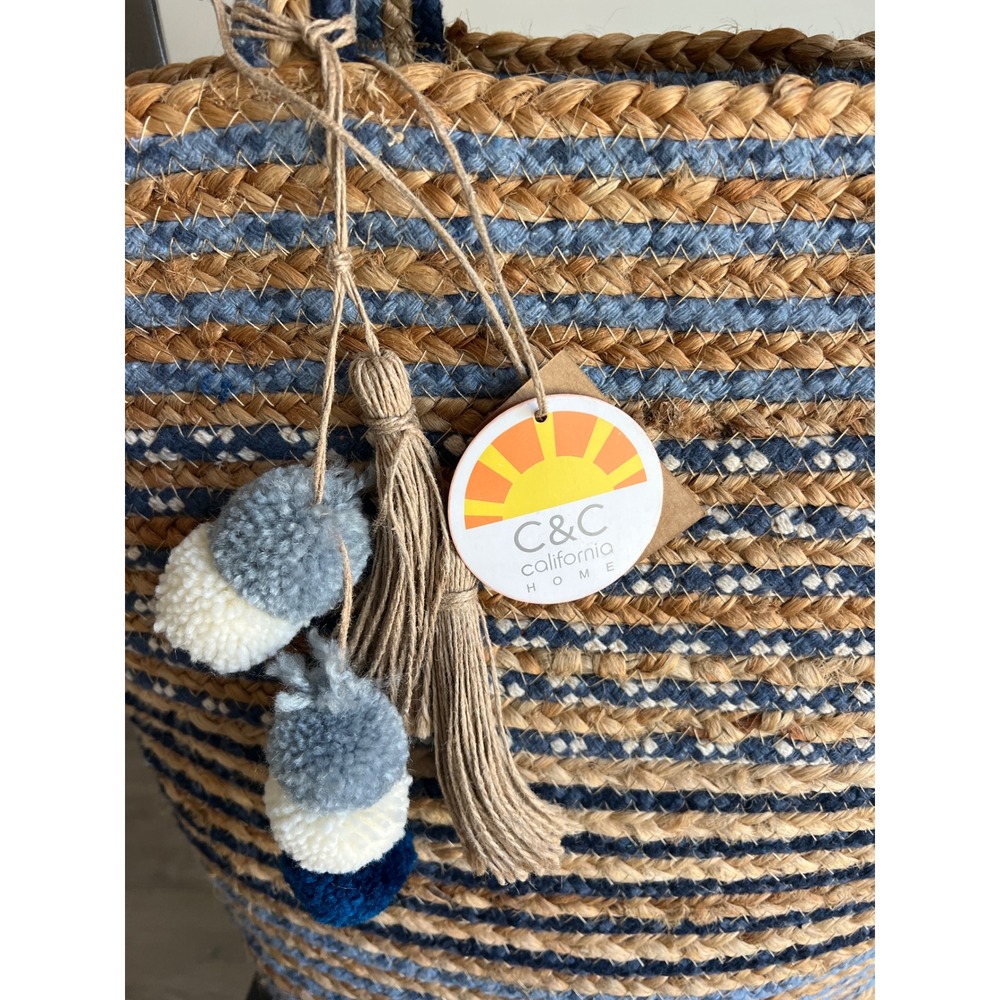Nalini C&C California Home Blue Striped Braided Jute Tote Bag with Pom Poms NWT - Picture 2 of 7